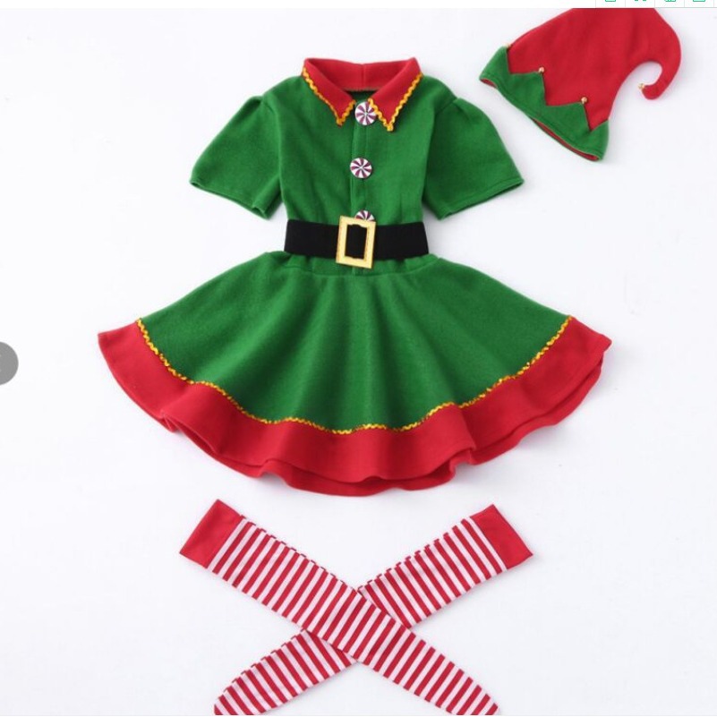 Trajes de fantasía de Navidad transfronterizos para niños y niñas, trajes de cosplay para padres e hijos, trajes de baile de Navidad verde