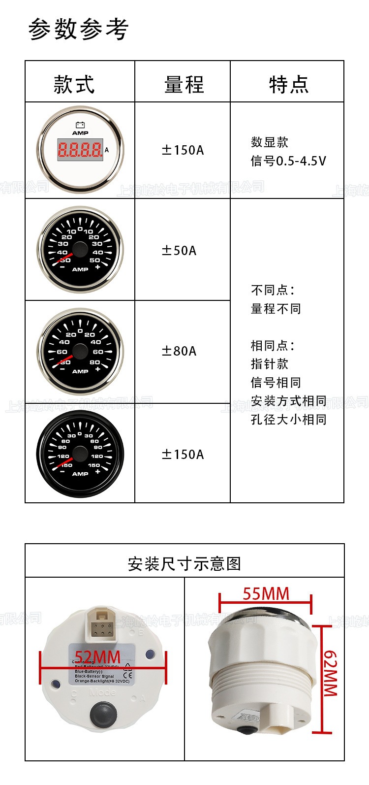 52mm Threaded Installation Ammeter ±50A ±80A ±150A with Various Backlight Options