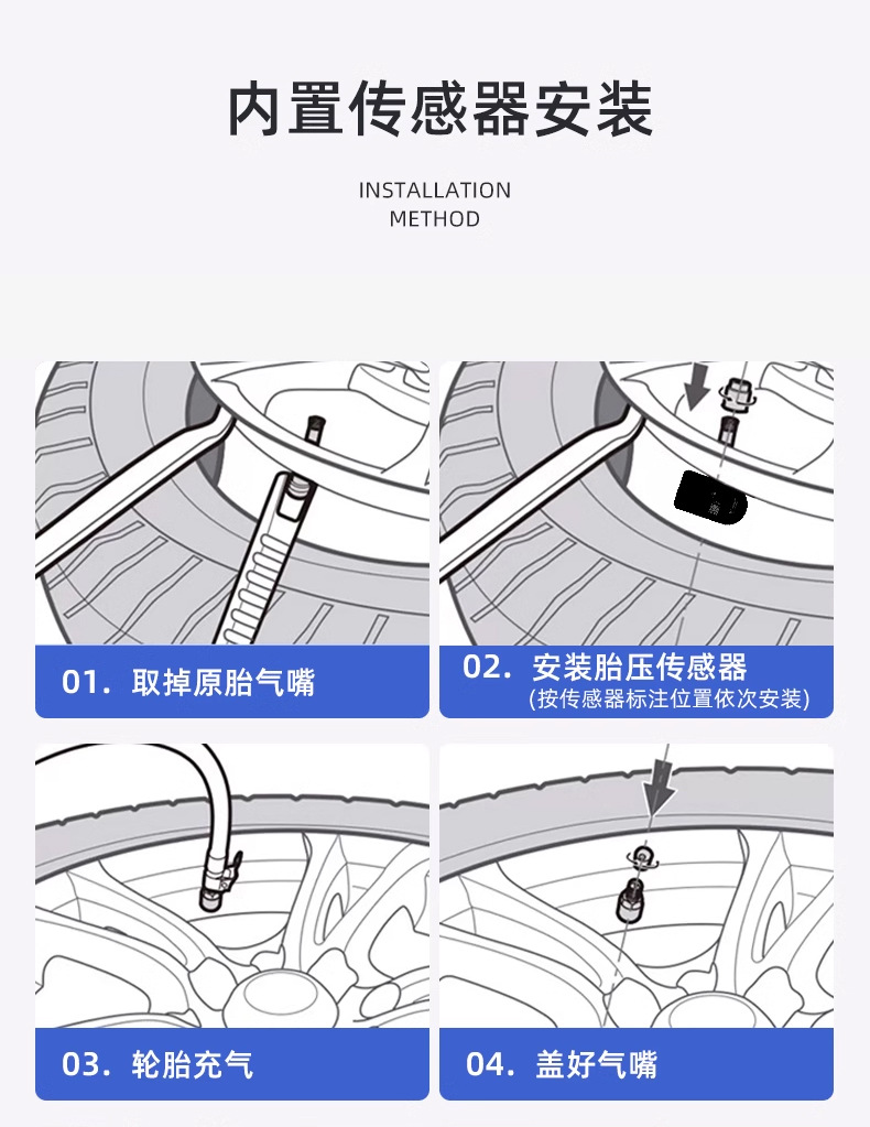 Car Tire Pressure Monitor with Built-In and External Universal Smart Wireless Detection Solar-Powered Tire Pressure Sensor with High Accuracy