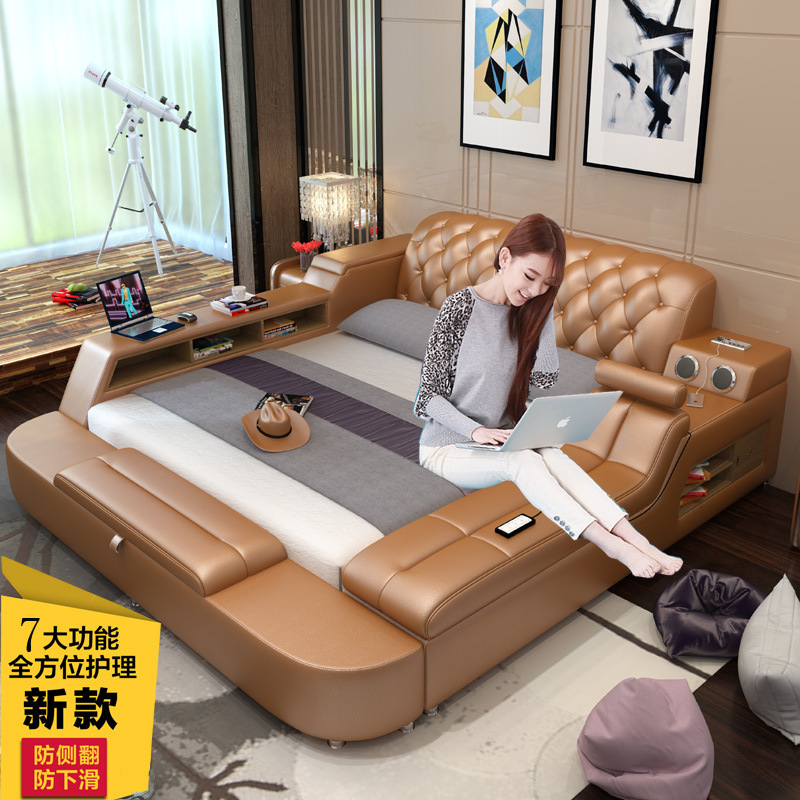 Leather bed, leather sofa bed, master bedroom tatami bed, modern minimalist queen bed, multifunctional storage, wedding bed