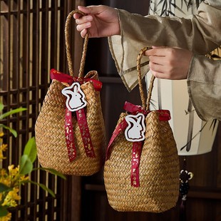 2025 Mid-Autumn Festival Gift Box Packaging Business Gift Giving Chinese Style Souvenir Straw Woven Satchel Gift Basket Moon Cake Packaging Box Empty