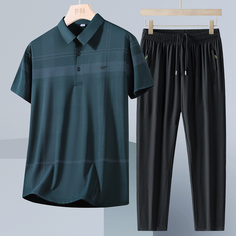 Papá con set de verano de dos piezas para hombre hielo delgado de manga corta suelta set casual de mediana edad pantalones secos rápidos