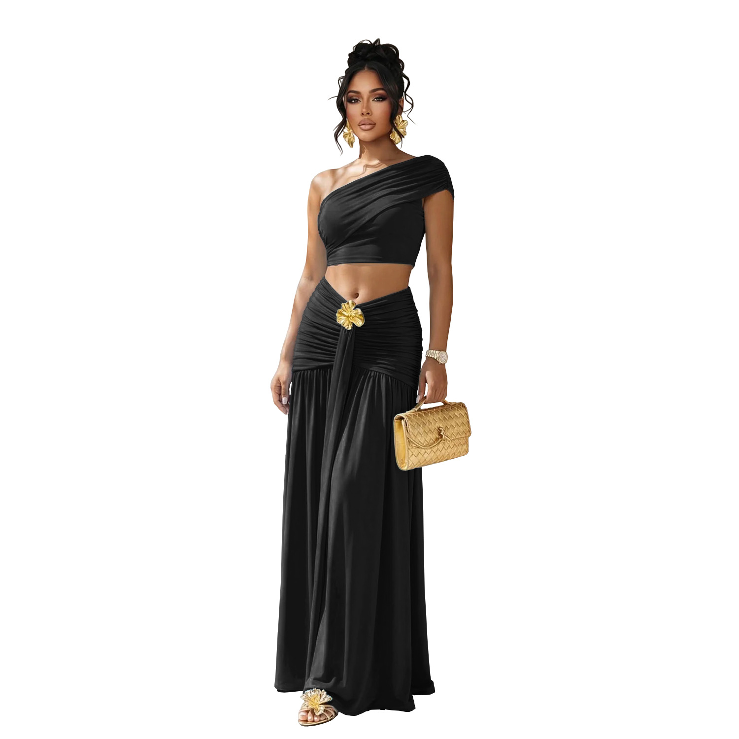 C7675 Aliexpress transfronterizo Amazon Europa y América moda de mujer sexy hombro inclinado blusa de ombligo vestido de traso conjunto