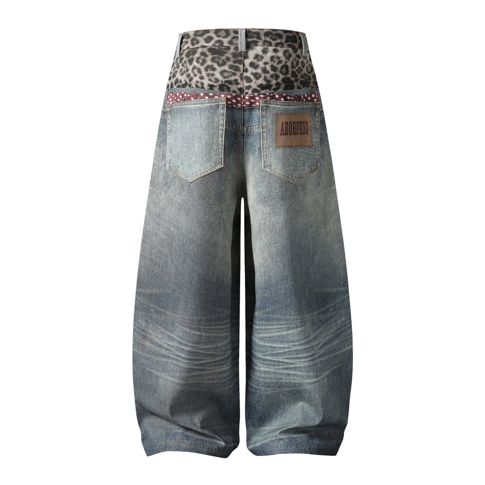 Jeans uomo larghi patchwork stampa leopardata stile hip hop_voghion.com