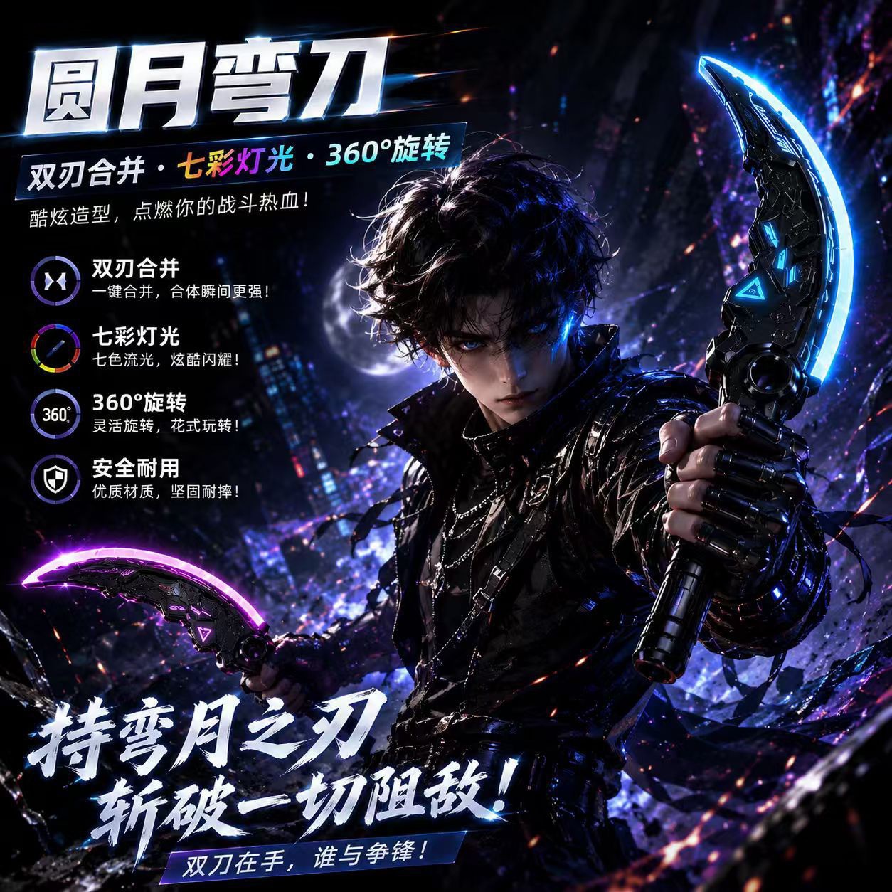 New Crescent Moon Scimitar Dual Blades with Radiant Light and Sound Effects, Colorful Double-Edged Two-in-One Rotating Illuminated Treasure Sword