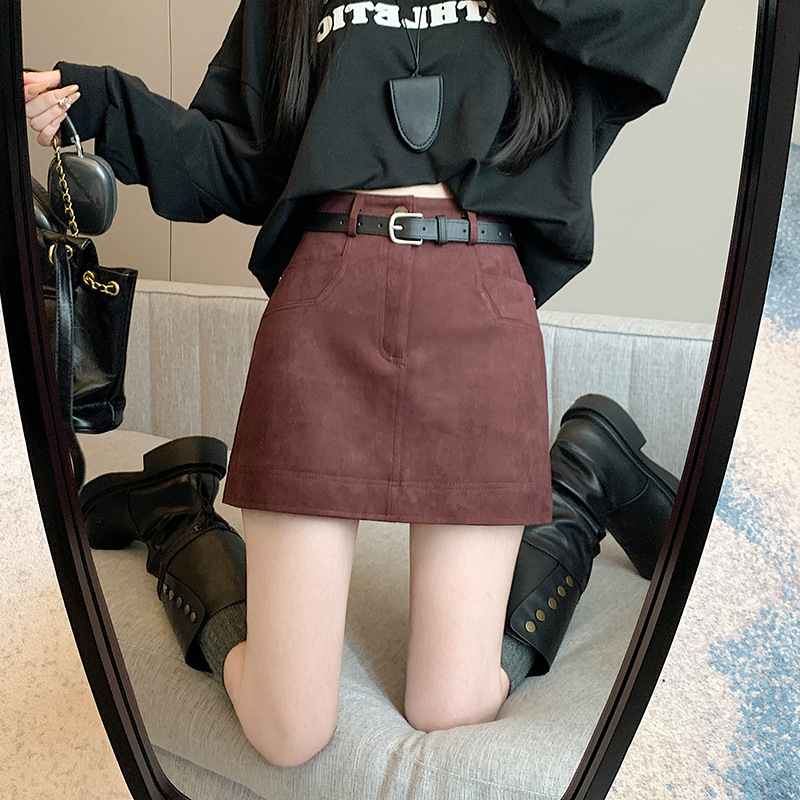 麂皮绒短裙女秋冬季小个子高腰显瘦休闲百搭防走光a字包臀半身裙|undefined