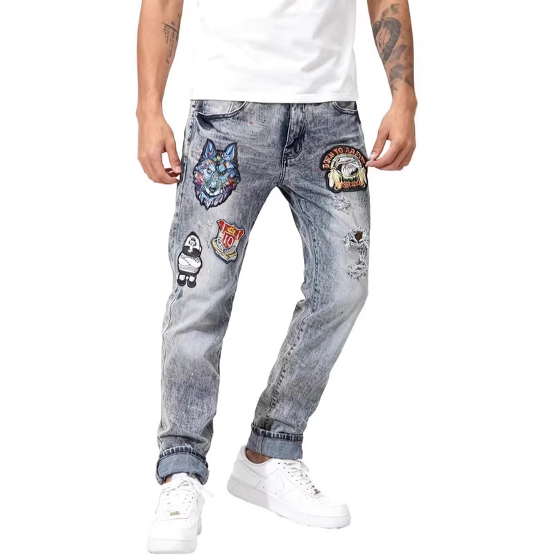 Men's Cool Patterned Skull Jeans, Vintage Punk Ripped Jeans, Regular Fit Hip-Hop Style
