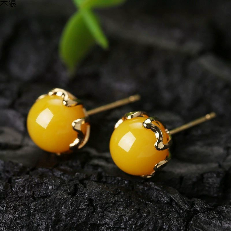 Медовый воск серьги-серьги янтарь женский куриное масло желтый старый медовый воск серьги противоаллергическая кровь