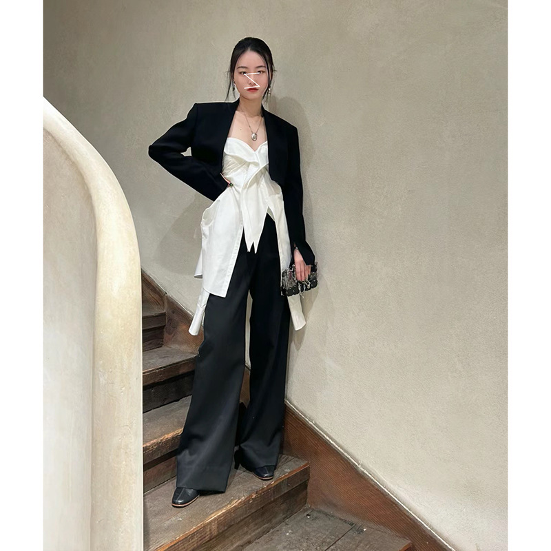 Designer Slit Sleeve Blazer Short Jacket Off-Shoulder Strapless Spring Summer Slimming Top Wide-Leg Pants Long Suit