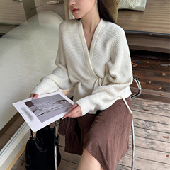 【实拍】羊毛软糯V领系带毛衣外套女时尚温柔风气质简约针织上衣