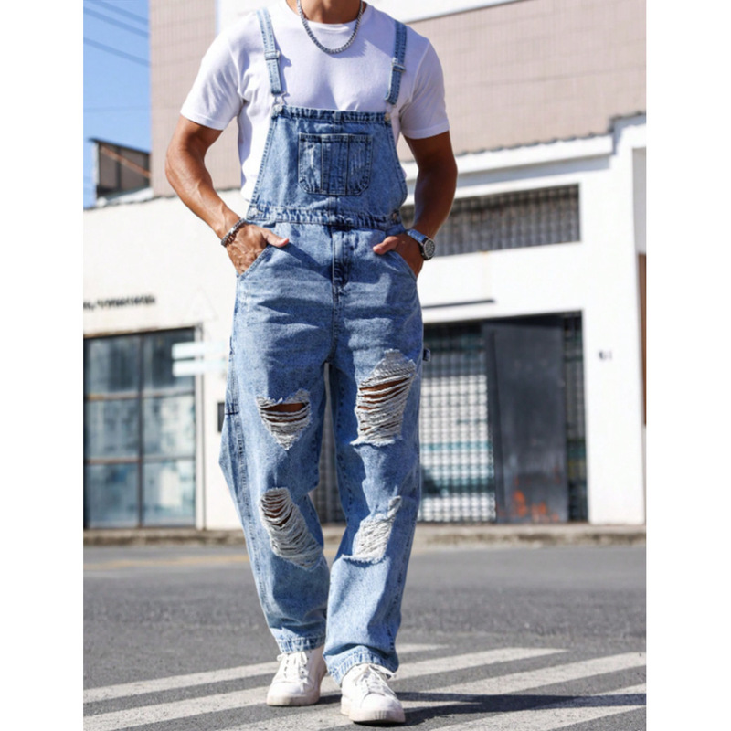 Men Ripped Denim Overalls Baggy Wide Leg Straight Long Pants Streetwear Cargo Suspender Jumpsuits For Men Casual Work Denim Dungarees Men Ripped Denim Overalls Baggy Wide Leg Straight Long Pants Streetwear Cargo Suspender Jumpsuits For Men Casual Work Denim Dungarees