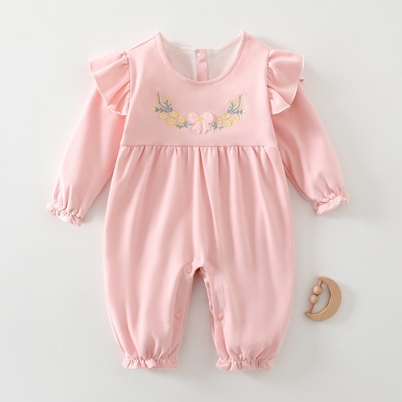 女の子の秋の子供服 2025 新しい韓国スタイルフライングスリーブ刺繍二層ジャンプスーツハーレム満月春と秋の服|undefined