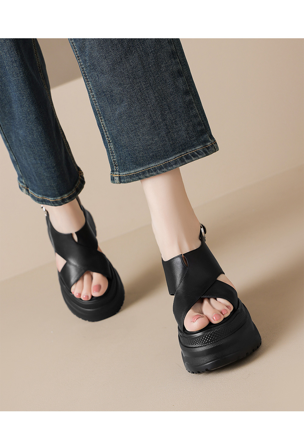 Sandal nữ da bò cao gót 12cm đế xuồng tăng chiều cao mùa hè — màu đen, màu trắng ngà chi tiết 6
