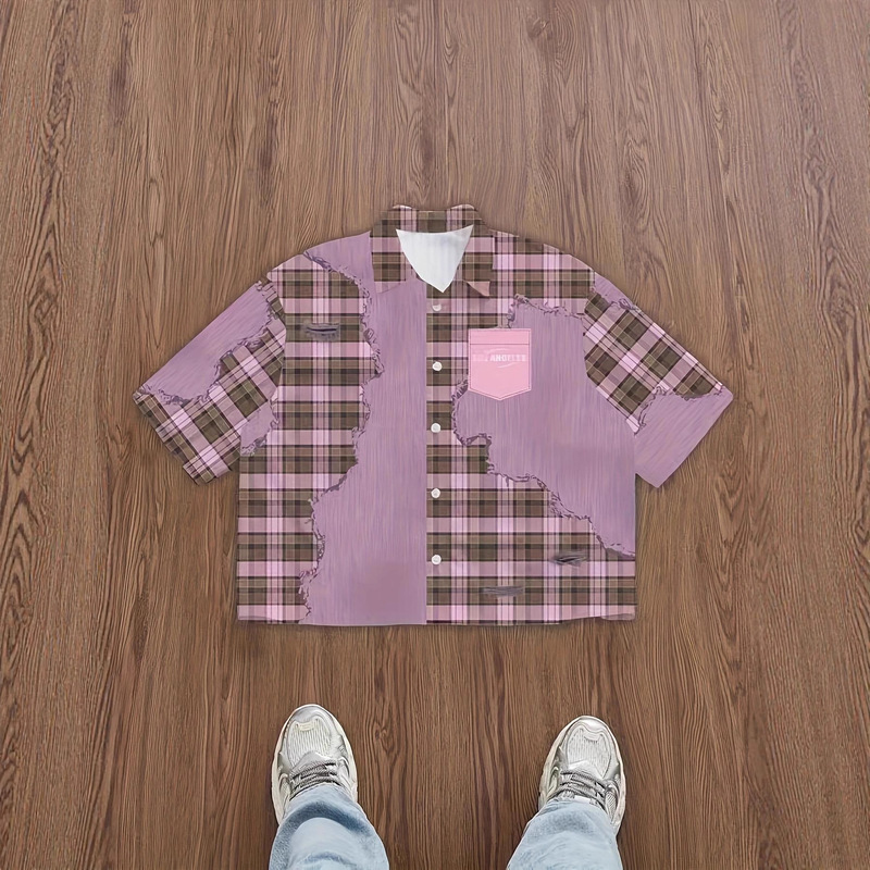 New Men's Patchwork Plaid Short-Sleeve Shirt with Contrasting Pocket Design Trendy Casual Versatile Breathable Top