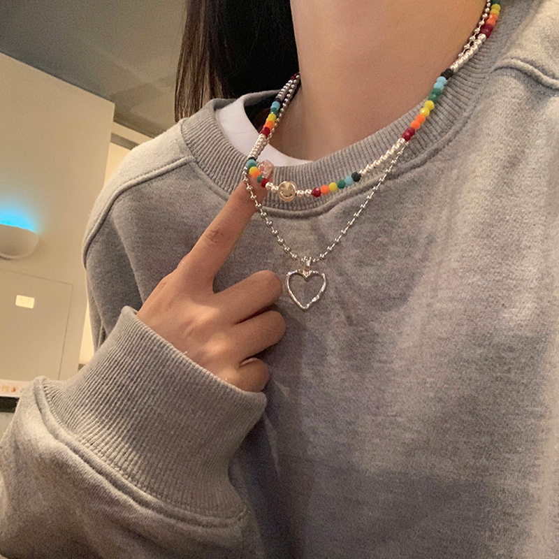 雙層疊戴彩色串珠笑臉項鍊女ins嘻哈男潮衛衣鎖骨鏈甜酷辣妹頸鏈