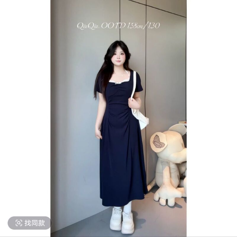 Plus Size Waist Slimming Look Sweet Lace Neckline Dress for Fat Women Summer Retro Elegant Pleated A-Line Skirt