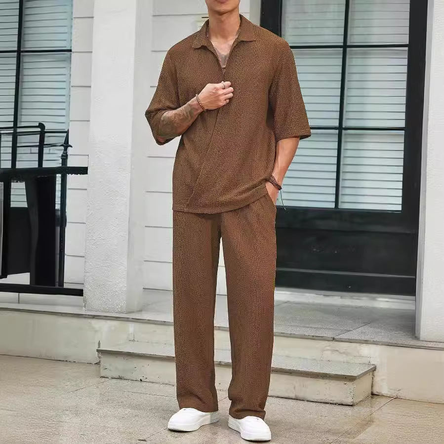 Men's Commuting Suit: Casual Shirt With Short Sleeves And Long Pants For Outdoor Activities_viptrois.com