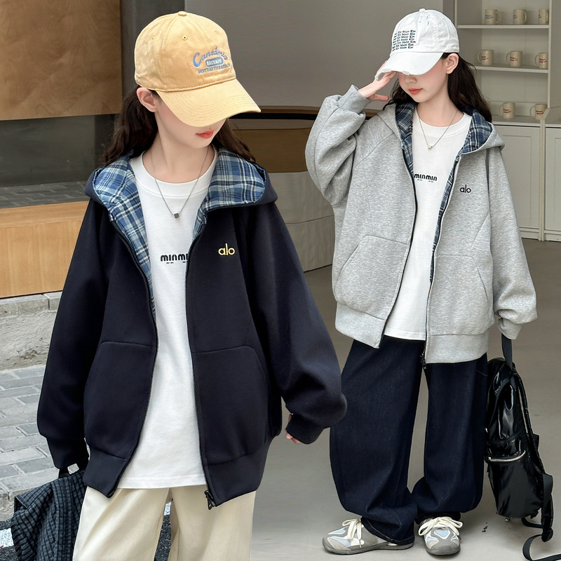 女童外套春秋2025新款儿童卫衣连帽拉链衫洋气中大童双面穿运动服|undefined