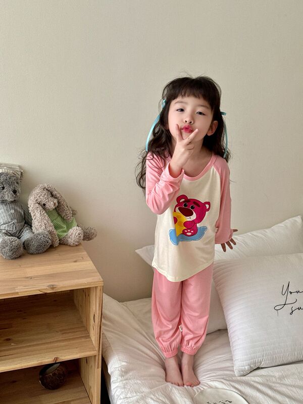 子供用モーダルホーム服セット、男の子と女の子用、夏用薄手パジャマ、中型および大型子供用韓国風長袖空調服|undefined