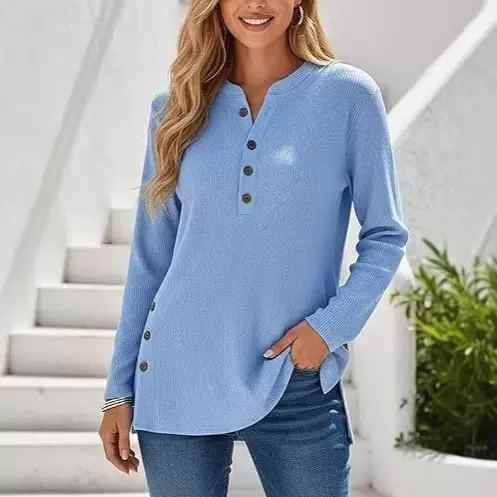 跨境亚马逊欧美新款灯芯绒纯色宽松休闲V领纽扣长袖女式上衣T恤