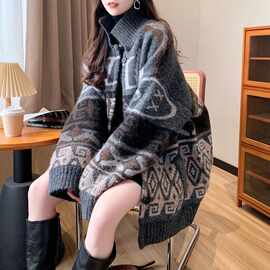 宽松慵懒风加厚开衫毛衣女外套秋冬新款韩系复古重工提花针织上衣