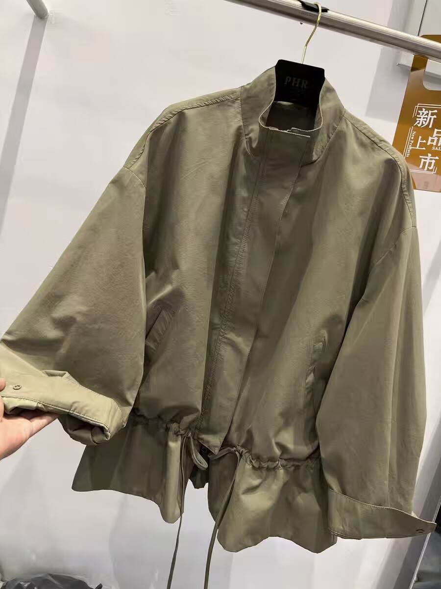 ng2510292 European Style 2026 Spring New Stand Collar Zipper Drawstring Fashionable Loose Casual Mid-Length Trench Coat Women's_ecoleips.com