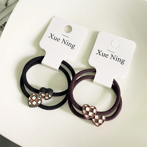  Autumn/Winter New Checkered Heart Beige Series Hair Tie Ring Headband Korean Style Basic Simple Matchable Carded Hair Accessory