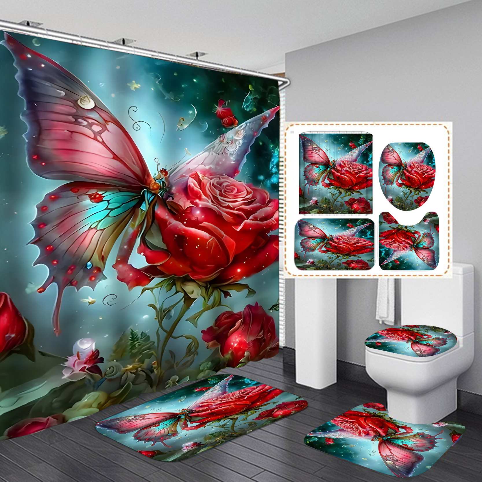 Flor de mariposa impresa cortina de baño a prueba de agua a prueba de moho nuevo tipo de tela retro sin perforación baño cortina de baño
