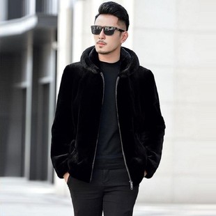 Mink coat men's lapel whole mink leather coat winter hooded youth carved clothing imitation mink fur golden mink velvet coat
