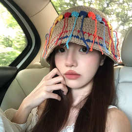 韩版小清新彩色流苏飘带毛线帽子夏季2024新款显脸小休闲甜美盆帽