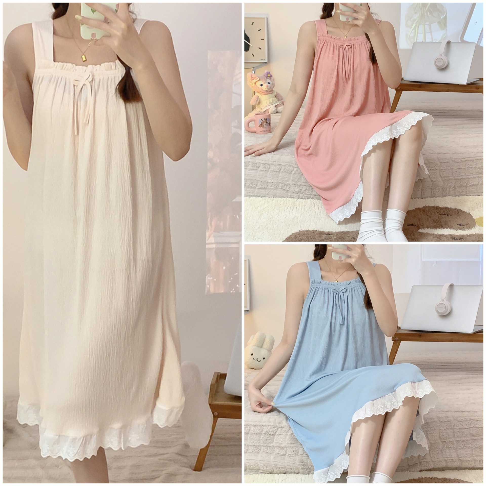 Nube de algodón de verano pijamas de mujer encaje lindo vestido de casa pijamas sueltos
