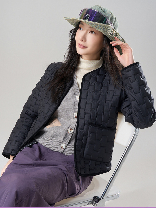 休闲简约小香风拼色绵羊毛外套女2025年冬季轻薄菱格保暖棉袄上衣|undefined