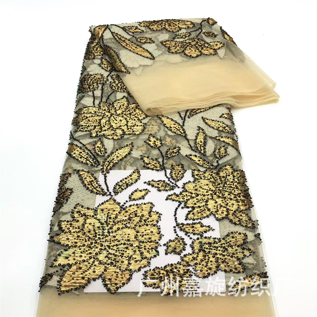 Nuevo oro estampado en relieve flor tubo de perlas sequinado bordado tela de malla vestido de moda turco tela de traje