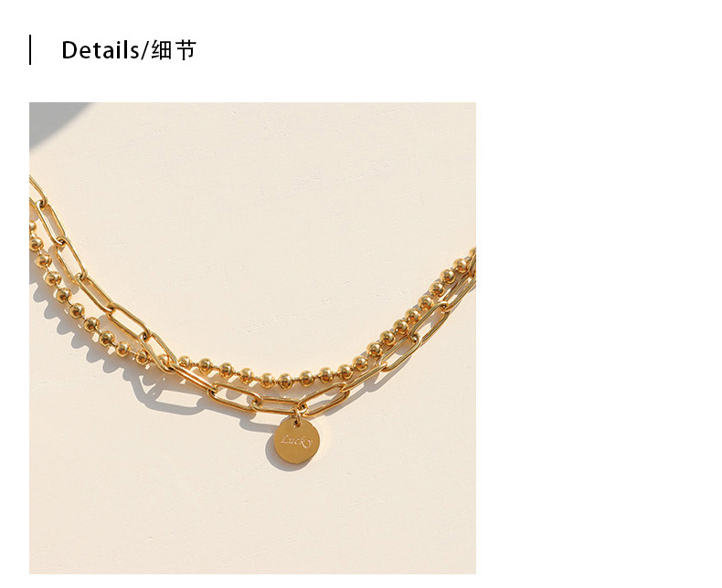 15g Weight No Inlaid Inlay Material Titanium Steel Material Printing Pattern Women'S Gender Gold, Silver Color Lucky Round Brand Double Layer Necklace, Bracelet Set Round Beads Necklace Clavicle Chain Titanium Steel 18k Gold Plating P853-e184 7