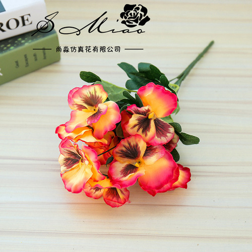 Artificial flowers, five-petaled small bunch, three-color pansies, creative home decor, silk flowers, faux flowers, small decorative pieces, green plants