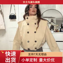 欧美外贸休闲通勤高领双排扣肩章设计宽松短款风衣秋季外套女跨境