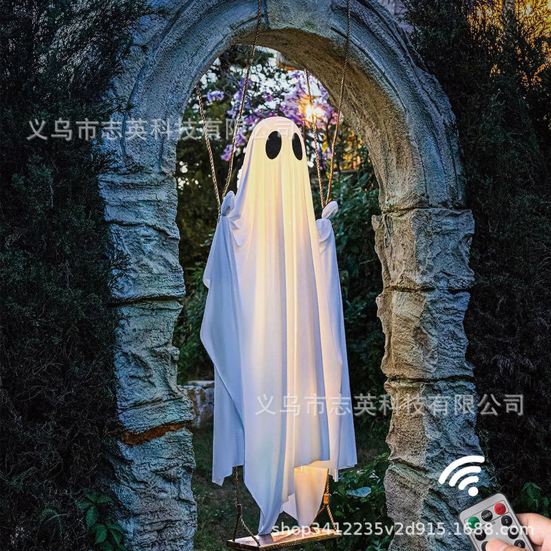 跨境新品大型悬挂秋千幽灵可爱发光鬼挂饰万圣节前廊庭院悬挂装饰|undefined