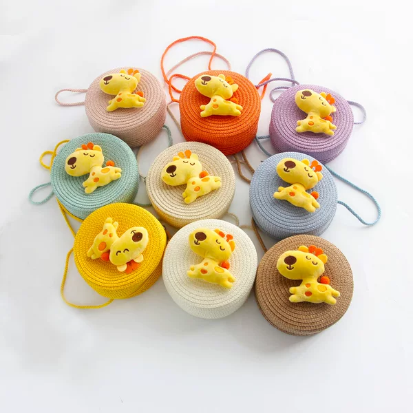 Korean Style Summer Giraffe Small Round Bag Children's Macaron Color Woven Grass Crossbody Small Bag Cartoon Cute Shoulder Bag