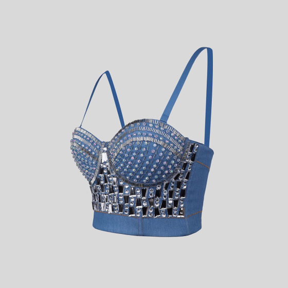 European and American Bead Shaping Camisole Internet Celebrant Fashionable Fishbone Corset Stage Performance Hot Drilling Elastic Denim
