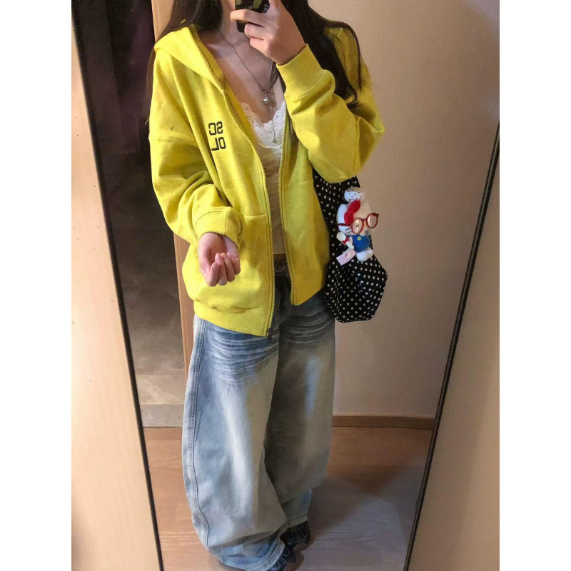 Zipper Hooded Jacket for Women 2025 New Autumn and Winter Lazy Style Small American Retro Cardigan Sweatshirt Casual