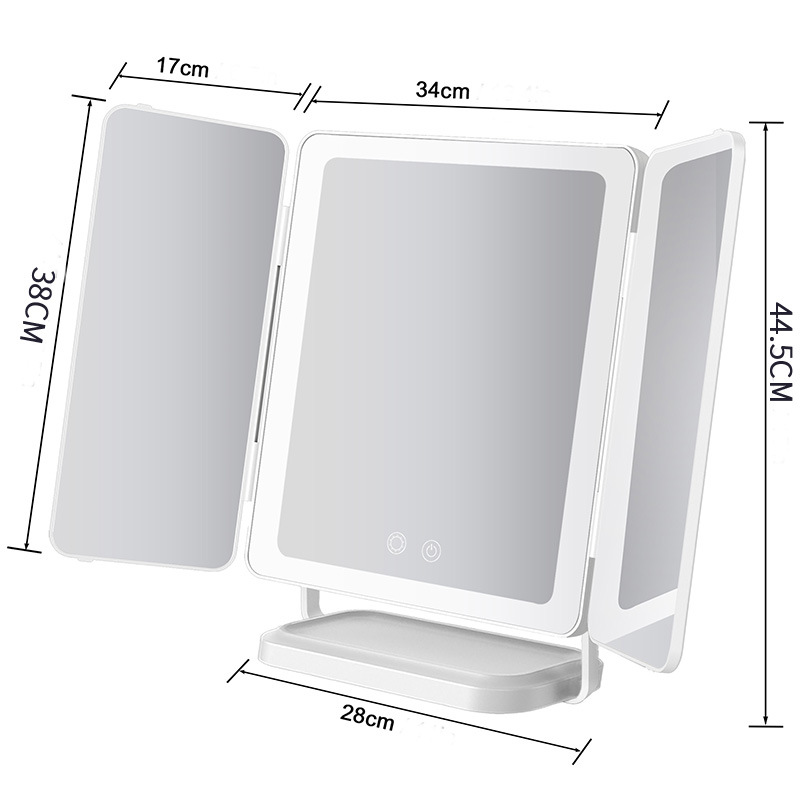 Espejo de maquillaje con luz, espejo triple de celebridades de Internet, espejo plegable de escritorio grande, espejo de tocador portátil con luz de relleno led