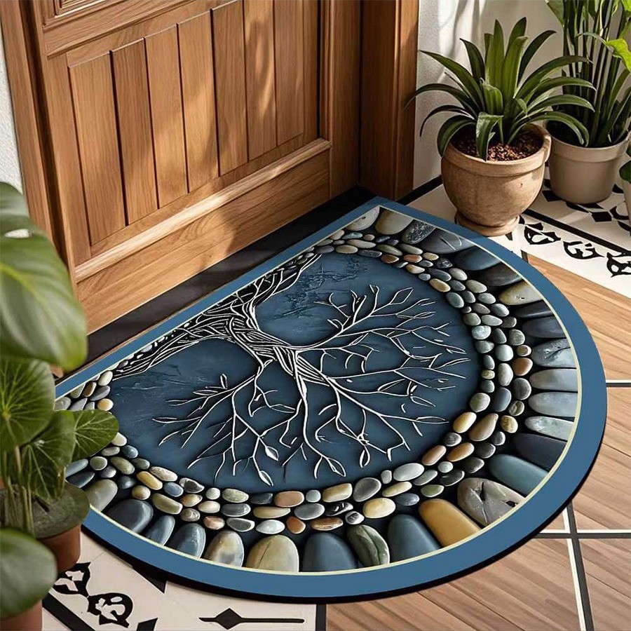 Alfombra de entrada semicircular estilo americano vintage de Amazon Temu, alfombra de terciopelo cristalino, resistente a la suciedad, a prueba de polvo, fácil de mantener.