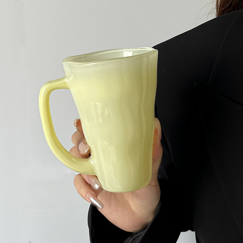 Ins風玉黄波紋取っ手付きグラス女性高颜値家庭用個性コーヒーカップジュースカップ|undefined