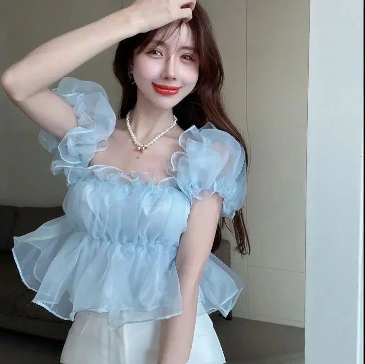 여성용 어깨 쉬폰 셔츠 여름 뜨거운 소녀 디자인 틈새 프렌치 퍼프 슬리브 달콤한 세련된 쇼트 탑
