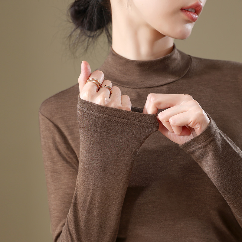 Camisa de fondo de terciopelo de cuello alto pequeño color café para mujer 2024 nuevo estilo interior de manga larga con ropa de fondo de piel cálida de estilo occidental de moda de otoño e invierno image 1