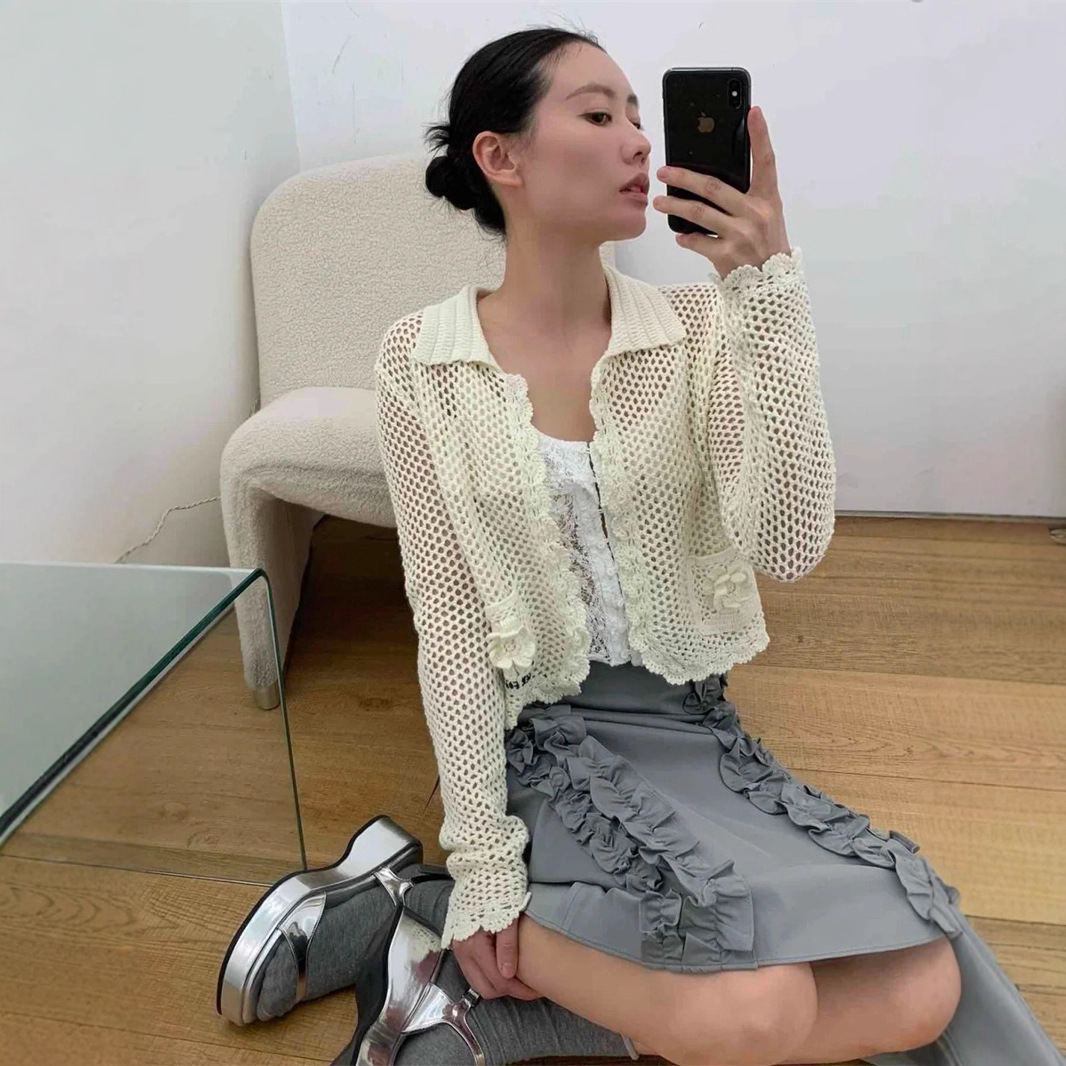 现货 整件纯手工韩版钩花镂空薄款重工立体花朵针织小开衫女防晒