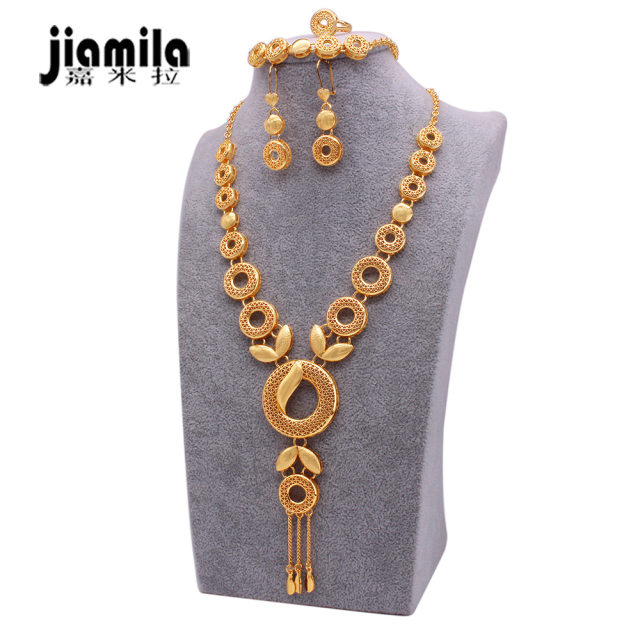 Jamila Dubai 24K Gold Plated Women's Jewelry Set Nigerian Necklace Earrings Ring Bracelet Four Piece Set