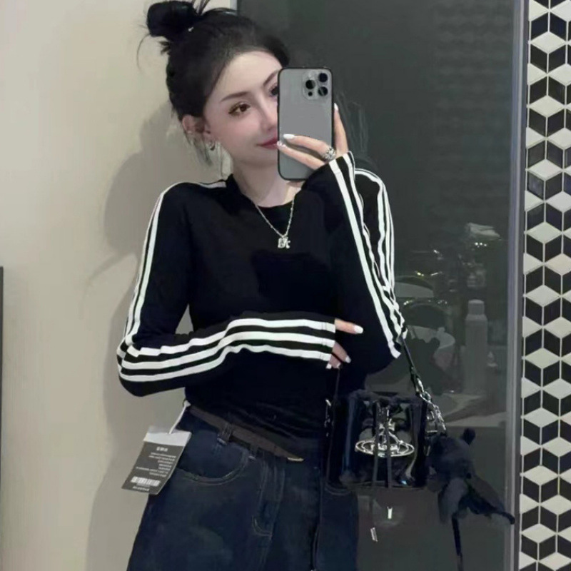 Wholesale [Cross-Border Factory Wholesale Ribbed 210g 1*1] Fashionable and Versatile Long-Sleeved Round Neck Stripesd Slim Fit