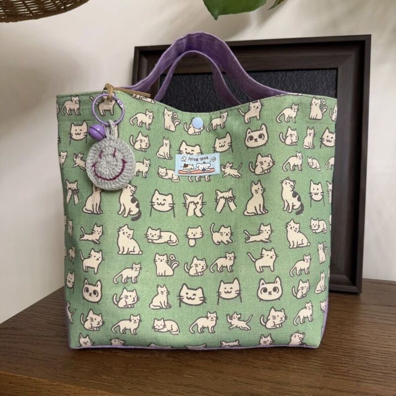 Cute Cat Pattern Large-Capacity Canvas Handbag for Female Students, Cartoon Portable Tote Bag, High-Value Tote Bag