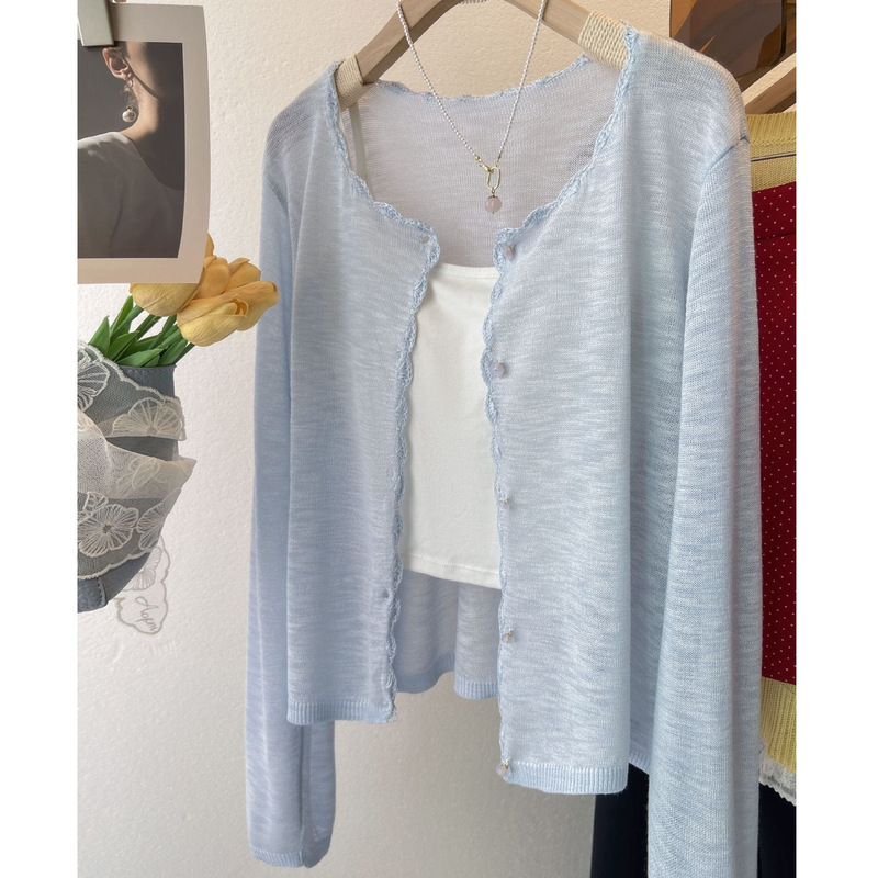Summer Coolness Preparation! Cool and Breathable V Neck Lace Thin Air-Conditioned Shirt Long-Sleeved Knitted Cardigan for Women